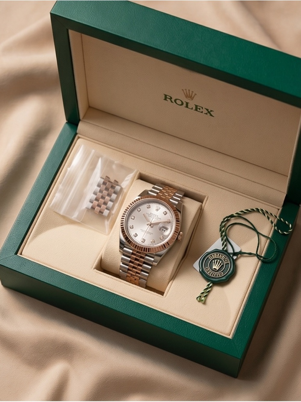Brand New Rolex Datejust Everose Gold & Stainless Steel Diamond Dial – Full Set